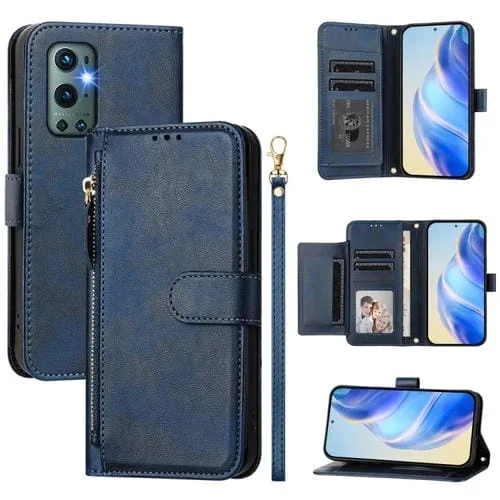 Funda de Cuero con Cremallera y Ranuras para Tarjetas para OnePlus 9 Pro (Azul)