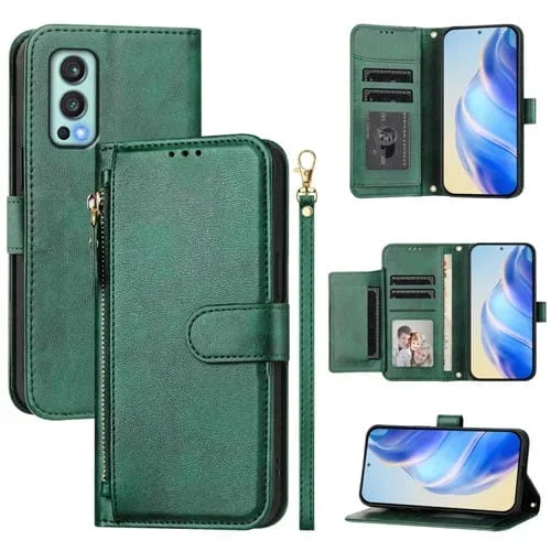 Funda de Cuero con Cremallera y Ranuras para Tarjetas para OnePlus Nord 2 5G (Verde)