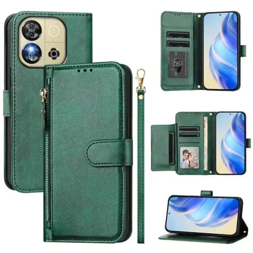 Funda de Cuero con Cremallera y Ranuras para Tarjetas para Oukitel C57S (Verde)