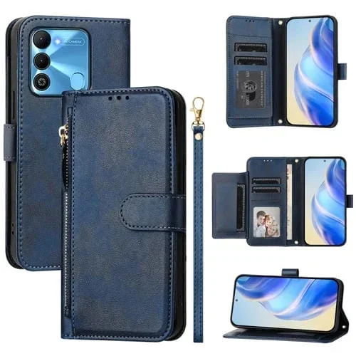 Funda de Cuero con Cremallera y Ranuras para Tarjetas para Tecno Spark Go 2022 / Spark 8C / Spark 9 (Azul)
