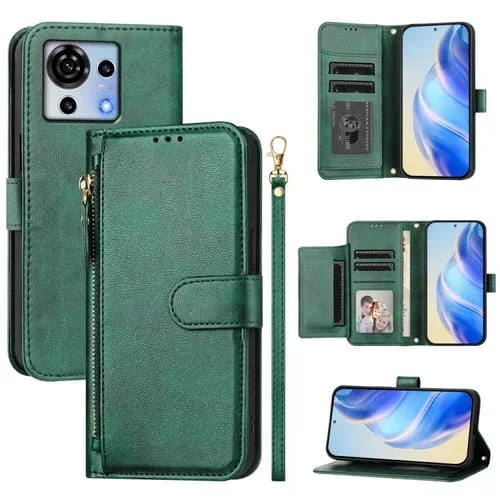 Funda de Cuero con Cremallera y Ranuras para Tarjetas para ZTE Blade V50 Vita (Verde)