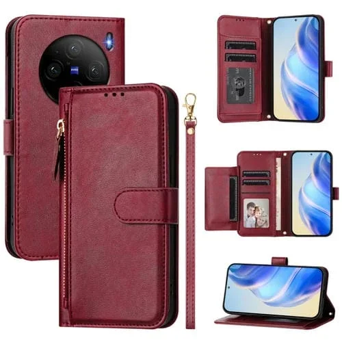 Funda de Cuero con Cremallera y Ranuras para Varias Tarjetas para Vivo X100S 5G (Rojo Oscuro)