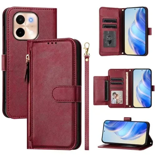 Funda de Cuero con Cremallera y Ranuras para Varias Tarjetas para Vivo Y28 4G (Rojo Oscuro)