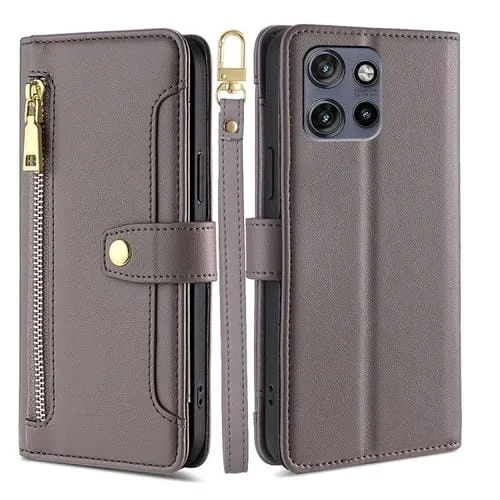 Funda de Cuero con Cremallera y Textura de Oveja para Motorola Edge 50 Neo 5G (Gris)