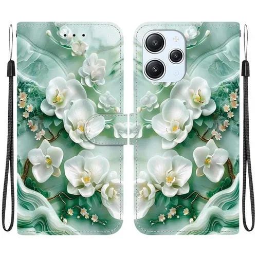 Funda de Cuero con Dibujo de Colores y Textura de Cristal para Redmi 12 4G/5G/Poco M6 Pro (Flores de Jade)