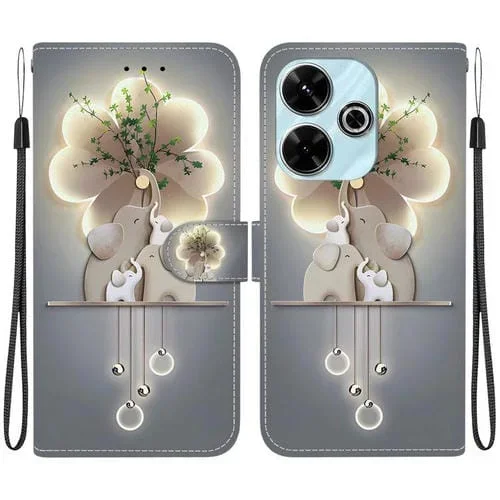 Funda de Cuero con Dibujo de Colores y Textura de Cristal para Redmi 13 4G/Poco M6 (Elefantes)
