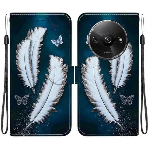 Funda de Cuero con Dibujo de Colores y Textura de Cristal para Redmi A3 (Plumas de Mariposa Blancas)