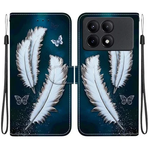 Funda de Cuero con Dibujo de Colores y Textura de Cristal para Redmi K70E/Poco X6 Pro (Plumas de Mariposa Blancas)