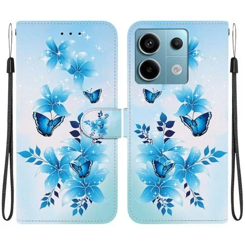 Funda de Cuero con Dibujo de Colores y Textura de Cristal para Redmi Note 13 Pro 5G (Mariposas Azules)