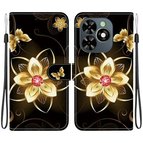 Funda de Cuero con Dibujo y Textura de Cristal para Tecno Spark Go 2024/20C/Pop 8 (Flor Dorada)