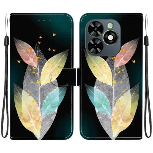 Funda de Cuero con Dibujo y Textura de Cristal para Tecno Spark Go 2024/20C/Pop 8 (Hojas de Colores)