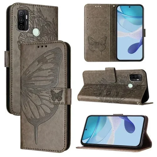 Funda de Cuero con Diseño de Mariposa En Relieve para Oppo A11S 4G (Gris)