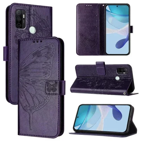 Funda de Cuero con Diseño de Mariposa En Relieve para Oppo A32 2020 4G/A53 2020 4G (Morado Oscuro)