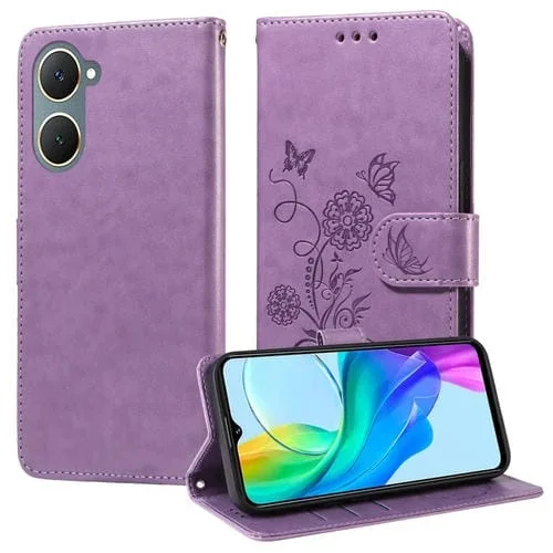 Funda de Cuero con Diseño de Mariposas En Relieve para Vivo Y03 4G / Y18 / Y28S 5G (Morado)