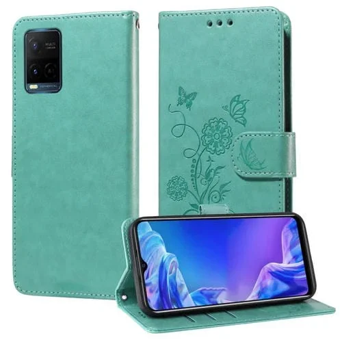 Funda de Cuero con Diseño de Mariposas En Relieve para Vivo Y21 2021 / Y21S / Y33S 4G (Verde)
