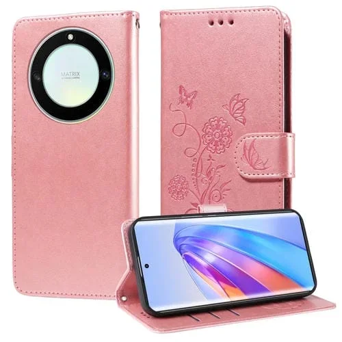 Funda de Cuero con Diseño de Mariposas y Flores en Relieve para Honor X9A 5G / Magic5 Lite / X40 5G (Oro Rosa)