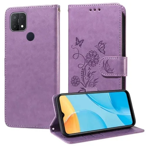 Funda de Cuero con Diseño de Mariposas y Flores En Relieve para Oppo A15 4G India/A15S/A16K/A16E (Morado)