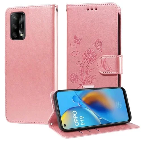Funda de Cuero con Diseño de Mariposas y Flores En Relieve para Oppo A74 4G / F19 4G / F19S / A95 4G (Oro Rosa)