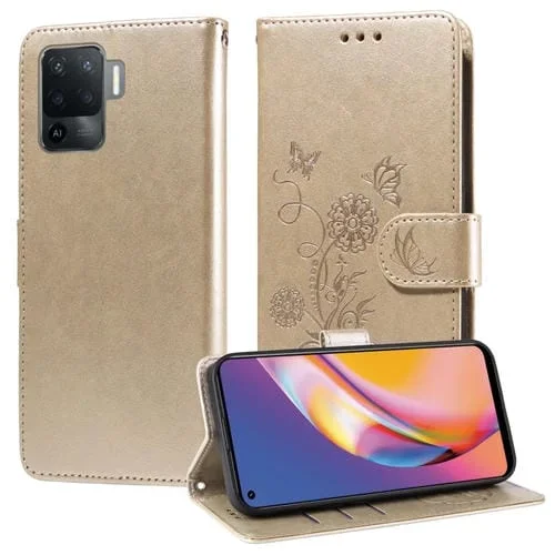 Funda de Cuero con Diseño de Mariposas y Flores En Relieve para Oppo A94 4G/5G/A95 5G/F19 Pro (Dorada)