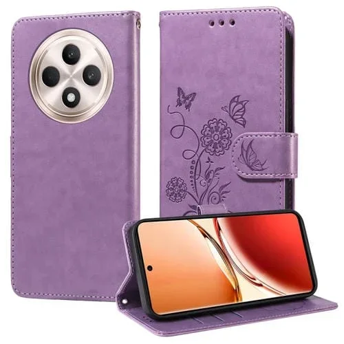 Funda de Cuero con Diseño de Mariposas y Flores En Relieve para Oppo Reno12 F 5G (Morado)