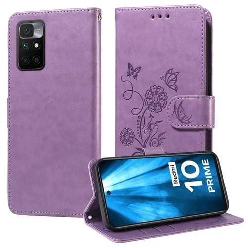 Funda de Cuero con Diseño de Mariposas y Flores En Relieve para Redmi 10 2022/10 Prime (Morado)