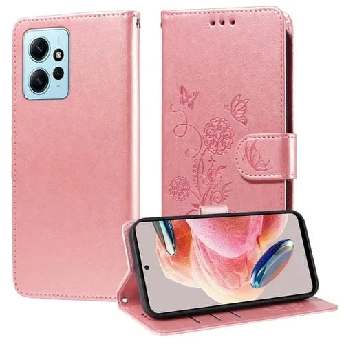 Funda de Cuero con Diseño de Mariposas y Flores En Relieve para Redmi Note 12 4G (Oro Rosa)