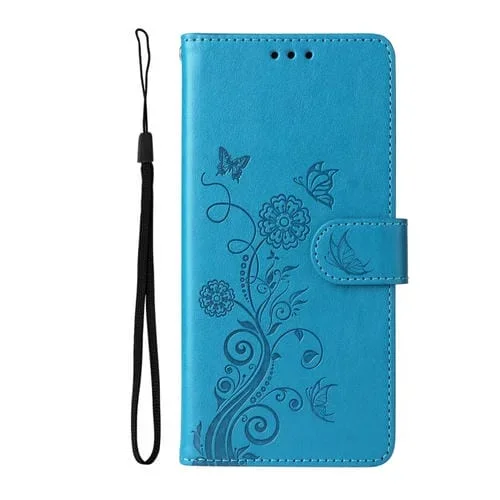 Funda de Cuero con Diseño de Mariposas y Flores En Relieve para Redmi Note 12S 4G (Azul)