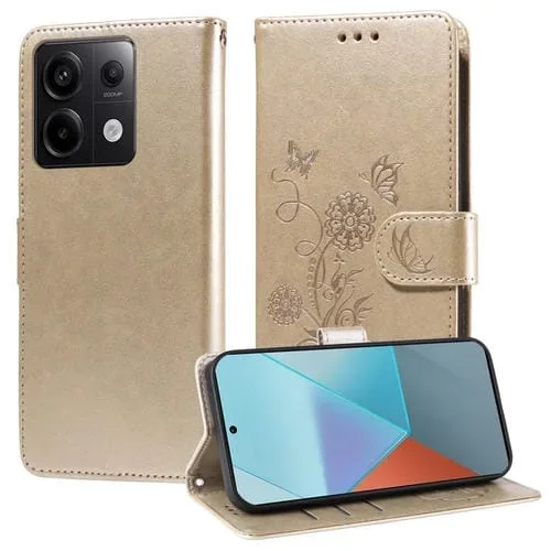 Funda de Cuero con Diseño de Mariposas y Flores En Relieve para Redmi Note 13 Pro 5G (Dorada)