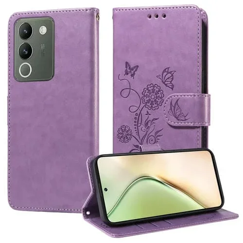 Funda de Cuero con Diseño de Mariposas y Flores En Relieve para Vivo Y200/V29E (Morado)