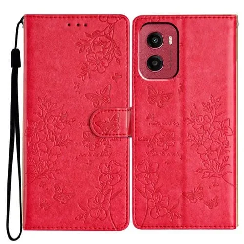 Funda de Cuero con Diseño de Mariposas y Flores para Motorola Moto G05 (Roja)