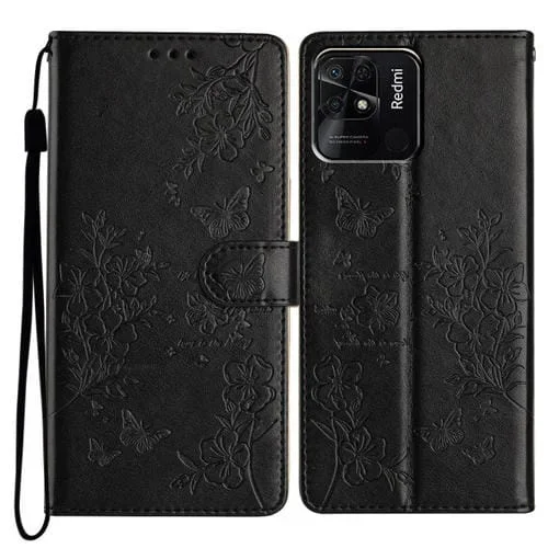Funda de Cuero con Diseño de Mariposas y Flores para Redmi 10C (Negra)