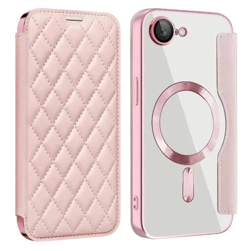 Funda de Cuero con Diseño de Rombos Protección Rfid Magsafe para iPhone 16E (Rosa)