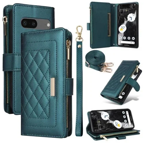 Funda de Cuero con Diseño de Rombos y Billetera Cruzada con Cremallera para Google Pixel 7 (Verde)