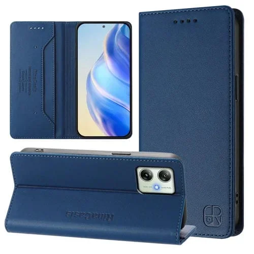 Funda de Cuero con Doble Pliegue y Succión Magnética para Motorola Moto G64 5G / G54 / G54 Power Rc01 (Azul Oscuro)