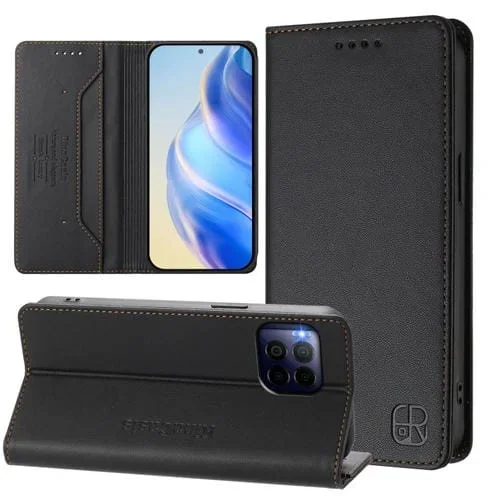 Funda de Cuero con Doble Pliegue y Succión Magnética para Teléfono T-Mobile Revvl 7 Pro 5G Rc01 (Negro)
