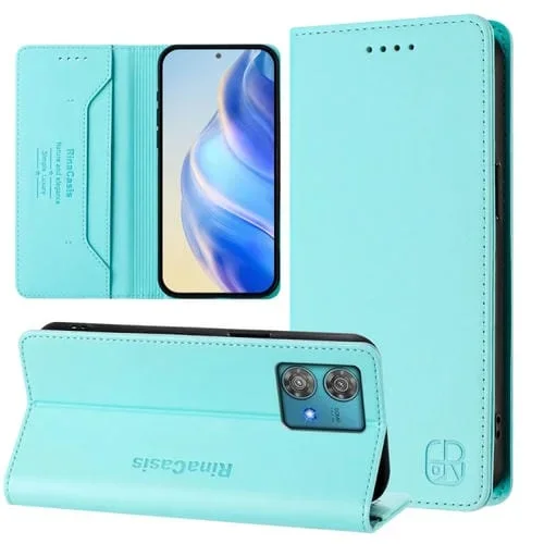 Funda de Cuero con Doble Pliegue y Succión Magnética RFID para Motorola Edge 40 Neo Rc01 (Verde Menta)