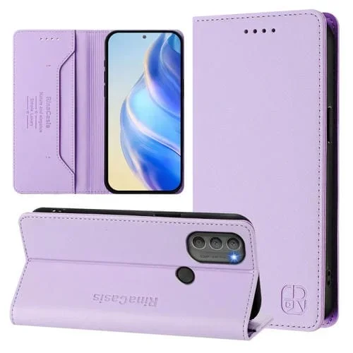 Funda de Cuero con Doble Pliegue y Succión Magnética Rfid para Motorola Moto G71 5G Rc01 (Morado Claro)
