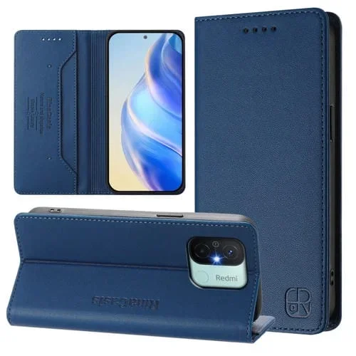 Funda de Cuero con Doble Pliegue y Succión Magnética Rfid para Redmi 12C/11A Rc01 (Azul Oscuro)