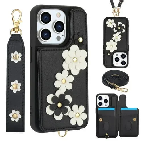 Funda de Cuero con Estampado de Flores y Bandolera para iPhone 14 Pro (Negra)