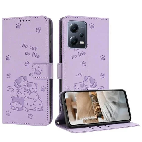 Funda de Cuero con Estampado de Gatito y Cordón para Redmi Note 12 5G (Morado)