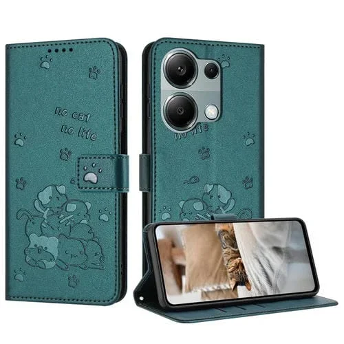 Funda de Cuero con Estampado de Gatito y Cordón para Redmi Note 13 Pro 4G (Verde Oscuro)
