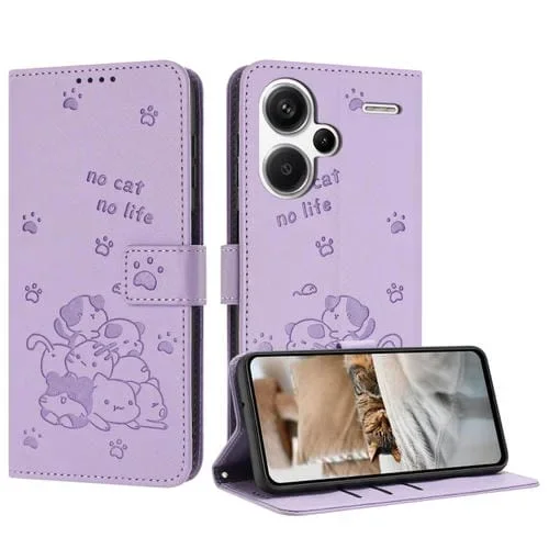 Funda de Cuero con Estampado de Gatito y Cordón para Redmi Note 13 Pro+ 5G (Morado)