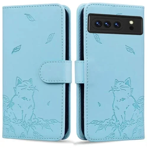 Funda de Cuero con Estampado de Gato para Google Pixel 8 Pro (Azul Cielo)