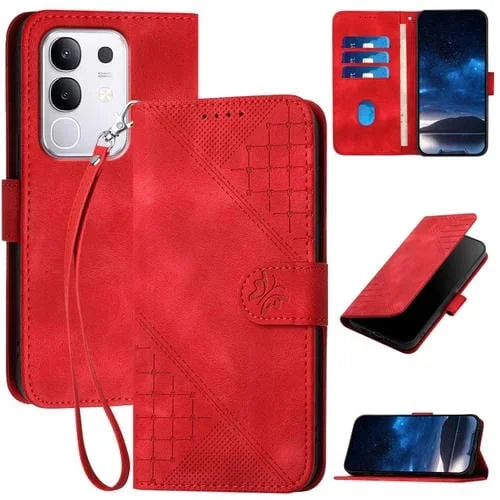Funda de Cuero con Estampado de Mariposas En Relieve y Cordón para Vivo Y29 4G (Roja)