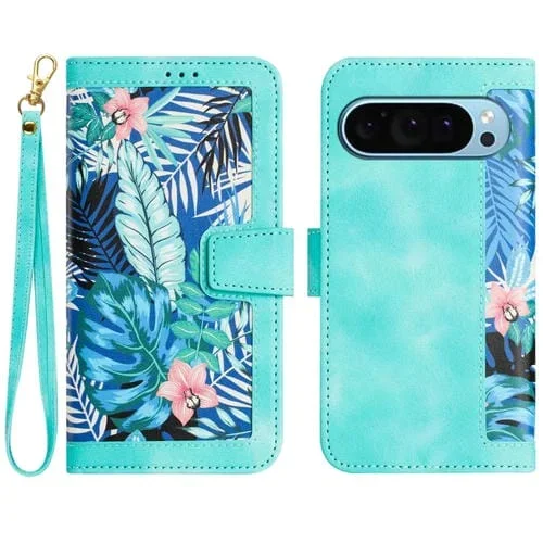 Funda de Cuero con Estampado Floral y Cordón para Google Pixel 9/9 Pro (Verde)