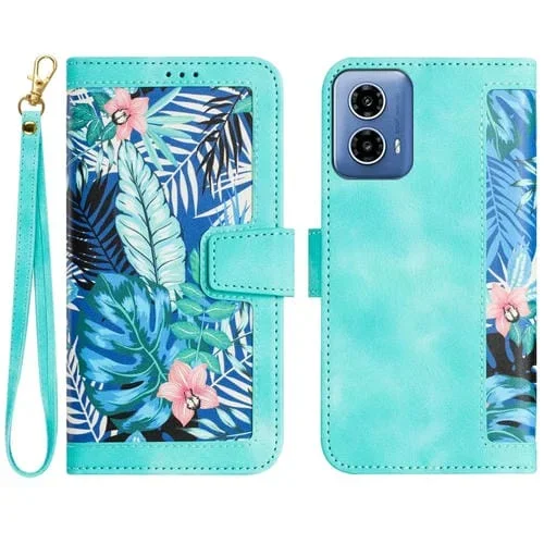 Funda de Cuero con Estampado Floral y Cordón para Motorola Moto G 5G (2024) (Verde)