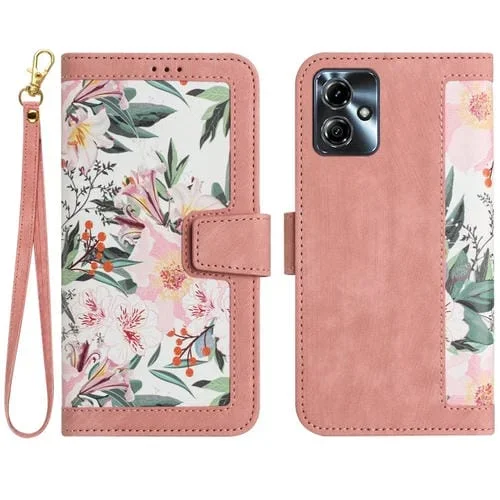 Funda de Cuero con Estampado Floral y Cordón para Motorola Moto G14 (Rosa)