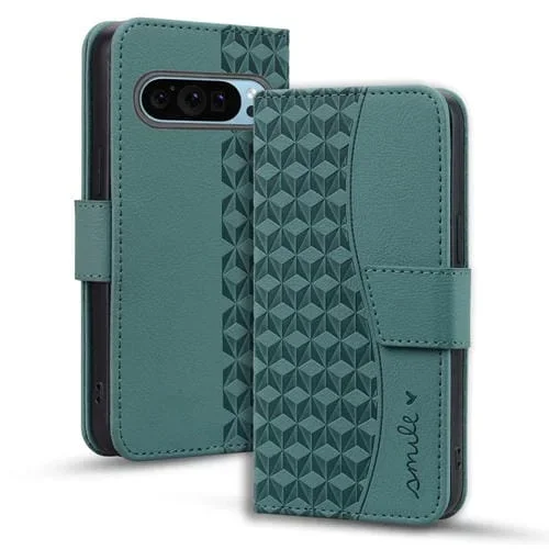 Funda de Cuero con Hebilla de Diamante para Google Pixel 9 Pro Business con Cordón (Verde)