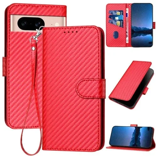 Funda de Cuero con Hebilla de Fibra de Carbono para Google Pixel 8A Yx0070 con Cordón (Rojo)