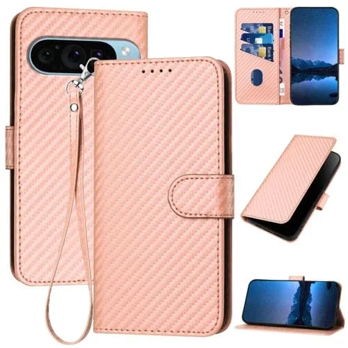 Funda de Cuero con Hebilla de Fibra de Carbono para Google Pixel 9 Pro Yx0070 con Cordón (Rosa)